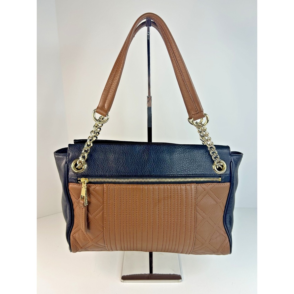Calvin Klein Black Brown Leather Shoulder Bag Medium Quilted Chain Satchel Purse